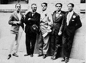 Salvador Dalí, José Moreno Villa, Luis Buñuel, Federico García Lorca en José Antonio Rubio Sacristán in Madrid in mei 1926